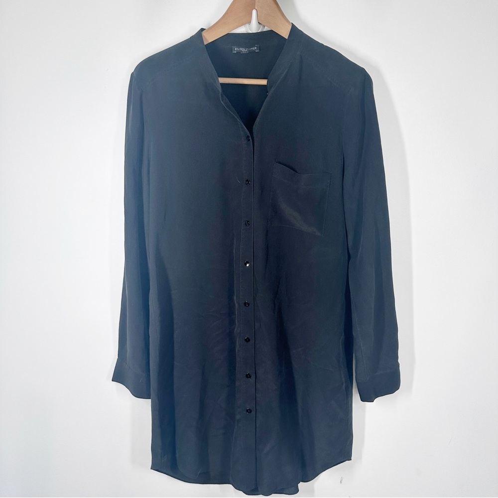 Eileen Fisher 100% Silk Button Down Black Tunic Top Size Small Long Sleeves